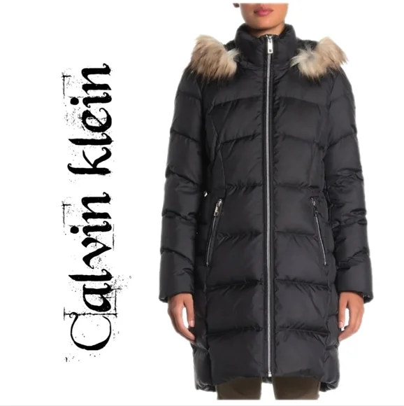 **SOLD***Calvin klein Womens Black Full Zip Coat Sz M Detachable Hood Faux Fur - Picture 1 of 15